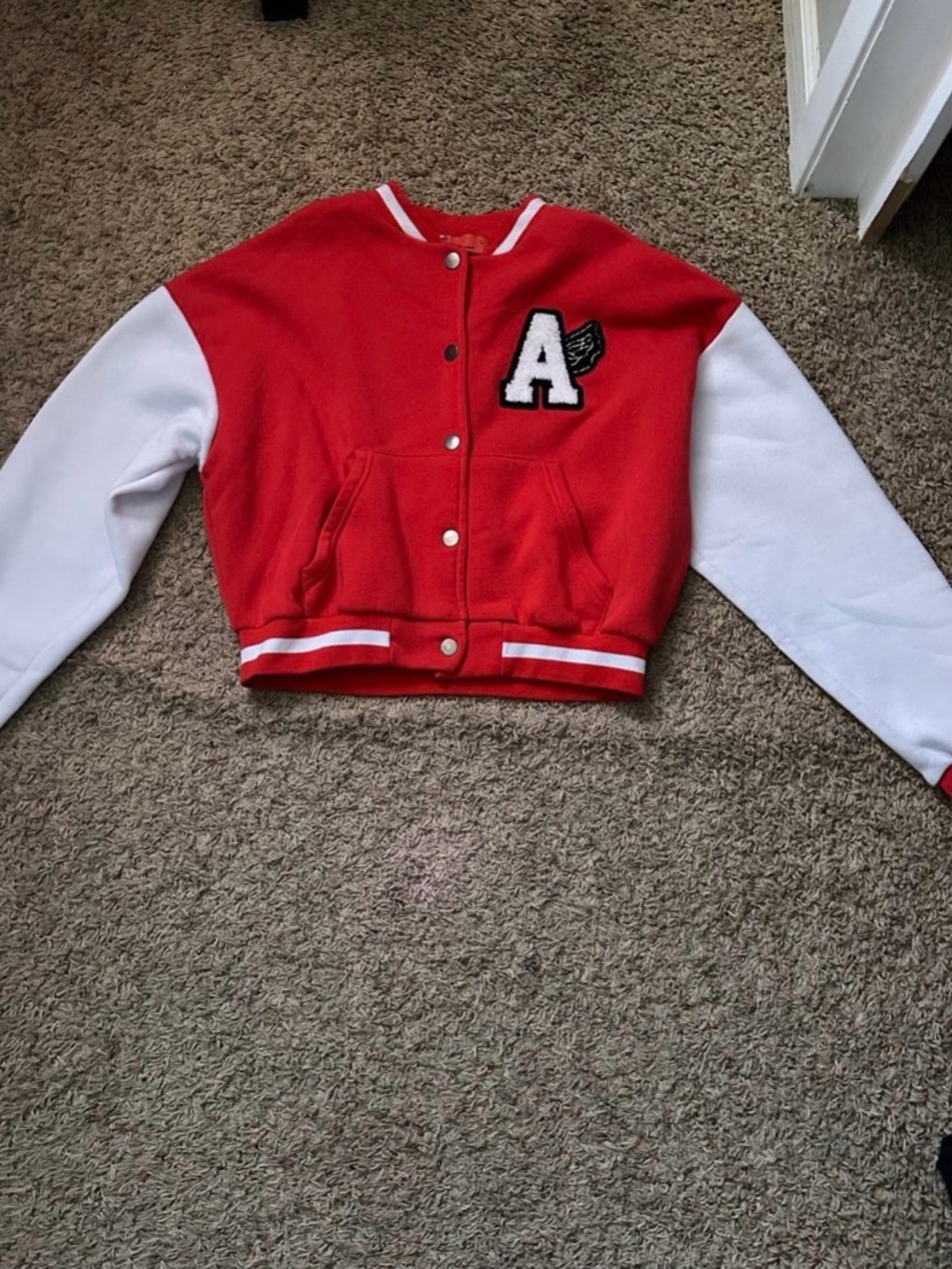 Red and White Women's Varsity Jacket with 'A' Patch